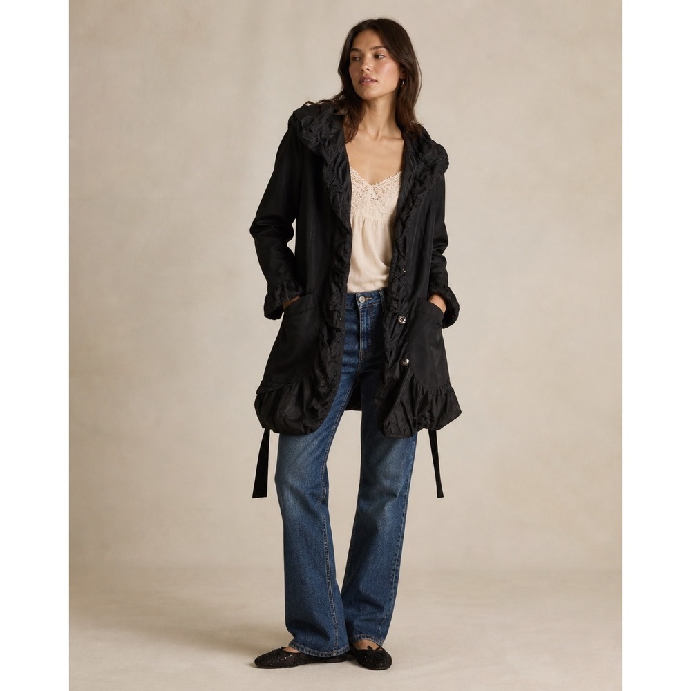 Blanc Noir Womens Black Ruffle Trim Trench Coat Jacket SAM384 Medium